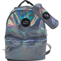 Love Love Sac à Dos 2 Compartiments Argent + Trousse Ronde Argent